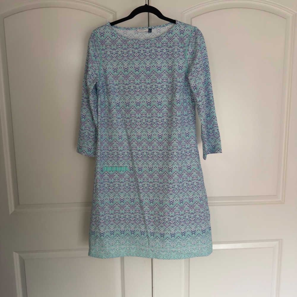 Cabana Life Womens Geometric Ikat Shift Dress Turquoise Purple M 3/4 Sleeve